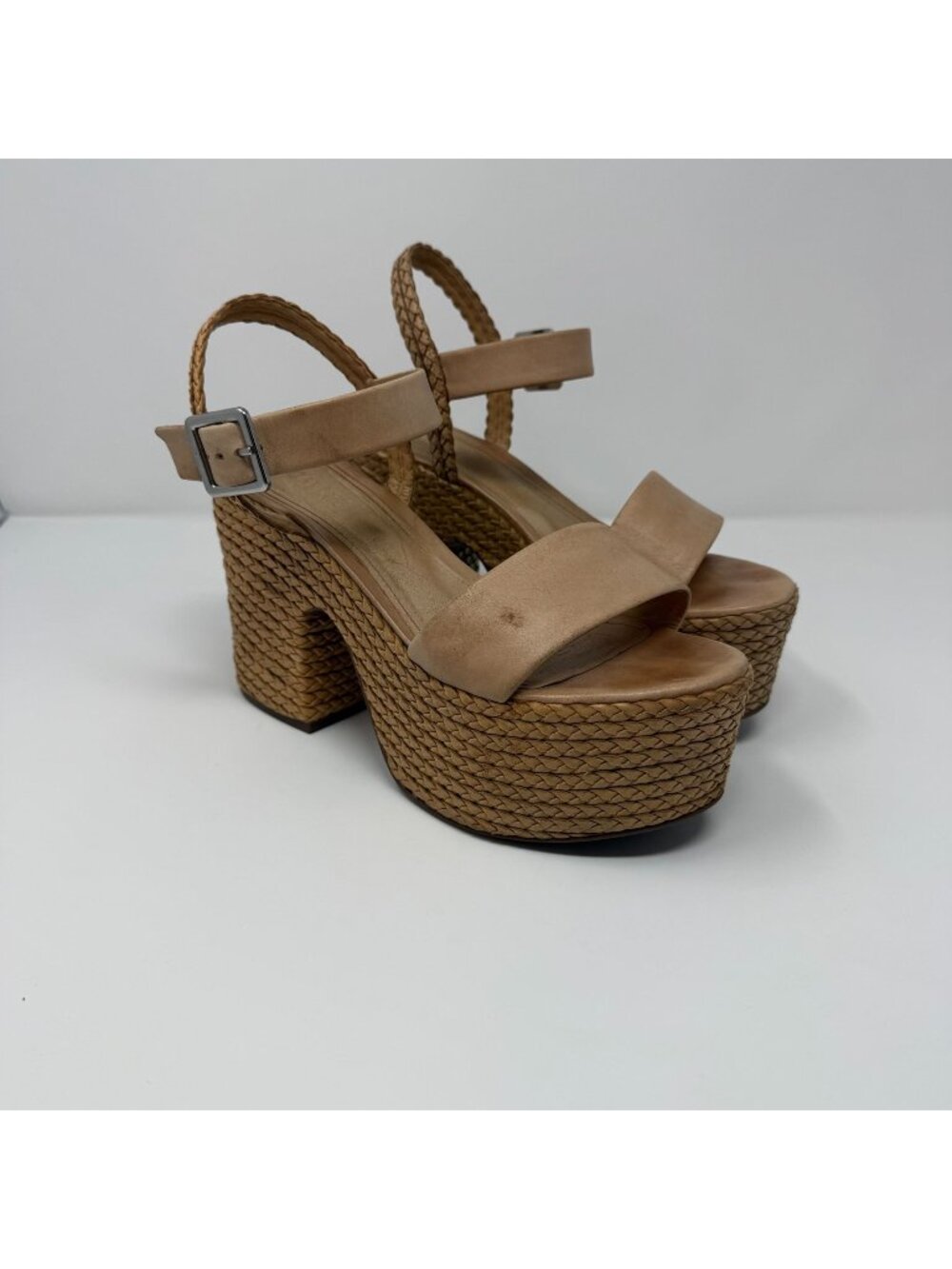 Schutz Samantha Faux Leather Braided Platforms Block Heel Womens 9 Beige